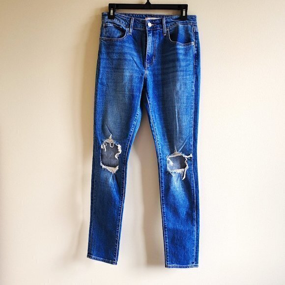 Levis Medium Wash Denim 721 High Rise Jeans Knee Holes Skinny Pant Women Size 28 - Picture 1 of 7
